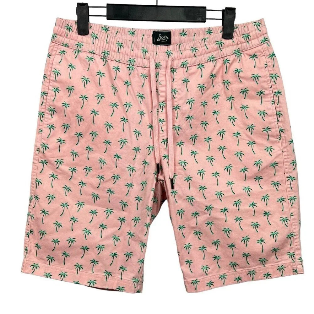 Bixby Nomad Mens Shorts Sz 30 x 10 Drawstring Stretch Pink Palm Tree NWOT